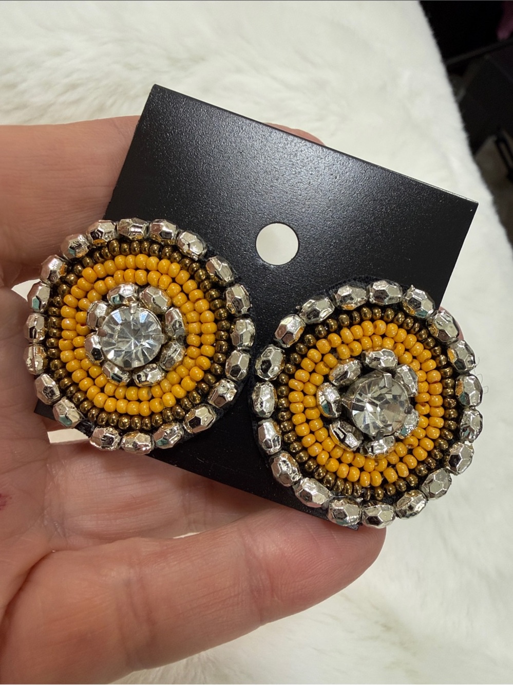Handmade Yellow Beaded Crystal Circle Earrings